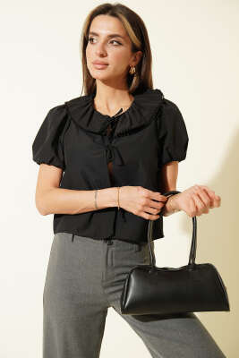 Bebe Yaka Kısa Kol İpli Bluz Siyah 