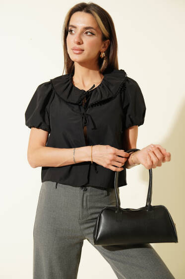 Bebe Yaka Kısa Kol İpli Bluz Siyah - Kadın Giyim Modelleri