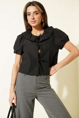 Bebe Yaka Kısa Kol İpli Bluz Siyah - Kadın Giyim Modelleri