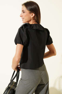 Bebe Yaka Kısa Kol İpli Bluz Siyah - Kadın Giyim Modelleri
