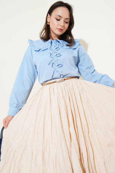 Bebe Yaka Kurdele Detaylı Gömlek Bebe Mavi - Gömlek