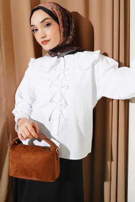 Bebe Yaka Kurdele Detaylı Gömlek Beyaz 