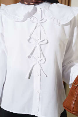 Bebe Yaka Kurdele Detaylı Gömlek Beyaz - Gömlek