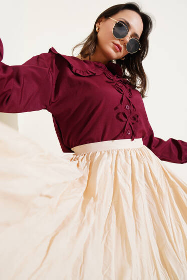 Bebe Yaka Kurdele Detaylı Gömlek Bordo - Gömlek