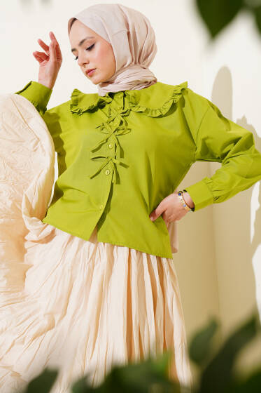 Bebe Yaka Kurdele Detaylı Gömlek Fıstık Yeşili - Gömlek