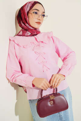 Bebe Yaka Kurdele Detaylı Gömlek Pembe 