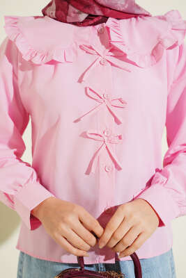 Bebe Yaka Kurdele Detaylı Gömlek Pembe - Gömlek