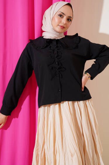 Bebe Yaka Kurdele Detaylı Gömlek Siyah - Gömlek