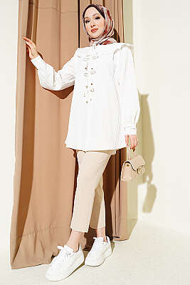 Bebe Yaka Kurdeleli Tunik Ekru - Tunik