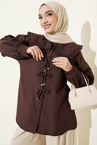 Bebe Yaka Kurdeleli Tunik Kahve - Gömlek