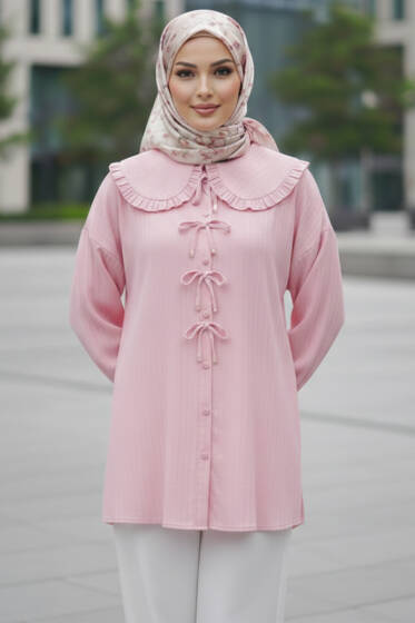 Bebe Yaka Kurdeleli Tunik Pembe - Tunik