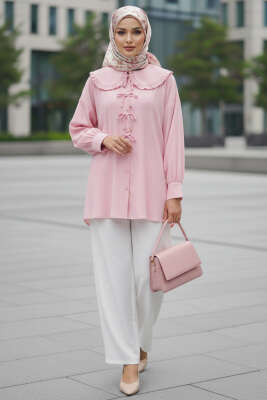 Bebe Yaka Kurdeleli Tunik Pembe - Tunik