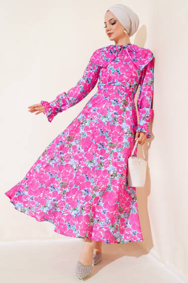 Bebe Yaka Kuşaklı Elbise Fusya - Elbise