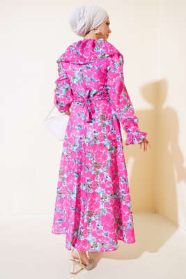 Bebe Yaka Kuşaklı Elbise Fusya - Tesettür Elbise