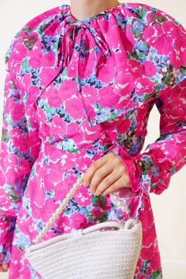 Bebe Yaka Kuşaklı Elbise Fusya - Tesettür Elbise