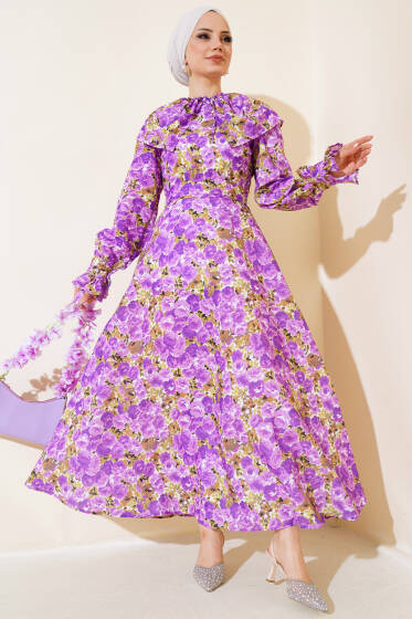 Bebe Yaka Kuşaklı Elbise Lila - Elbise