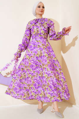 Bebe Yaka Kuşaklı Elbise Lila - Tesettür Elbise