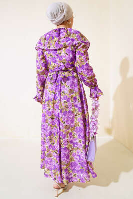 Bebe Yaka Kuşaklı Elbise Lila - Tesettür Elbise