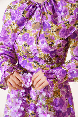 Bebe Yaka Kuşaklı Elbise Lila - Tesettür Elbise