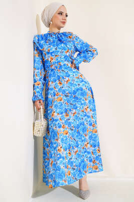 Bebe Yaka Kuşaklı Elbise Mavi 