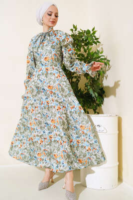 Bebe Yaka Kuşaklı Elbise Yeşil - Tesettür Elbise