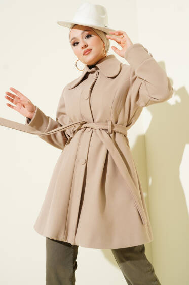 Bebe Yaka Kuşaklı Kaşe Kaban Bej - Kaban