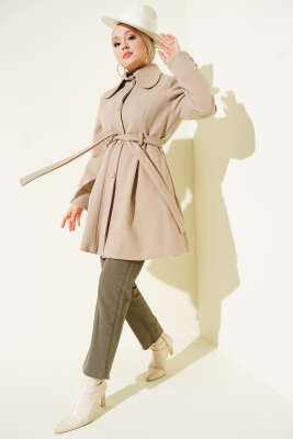 Bebe Yaka Kuşaklı Kaşe Kaban Bej - Kaban