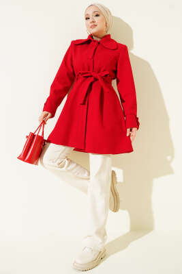 Bebe Yaka Kuşaklı Kaşe Kaban Kırmızı - BERAT TEKSTİL