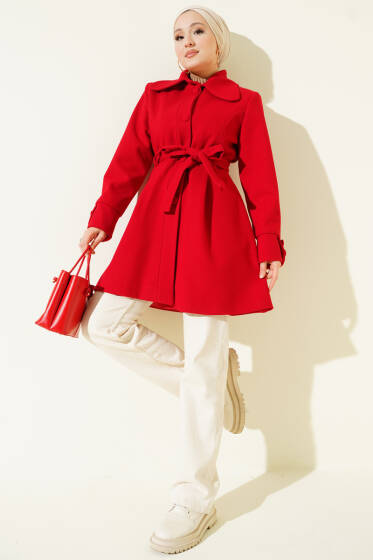 Bebe Yaka Kuşaklı Kaşe Kaban Kırmızı - Kaban