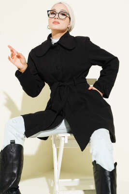 Bebe Yaka Kuşaklı Kaşe Kaban Siyah - BERAT TEKSTİL