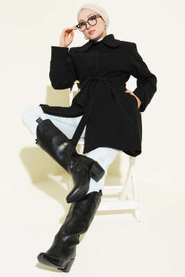 Bebe Yaka Kuşaklı Kaşe Kaban Siyah - Kaban