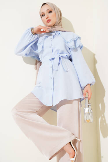 Bebe Yaka Kuşaklı Tunik Bebe Mavi - Tunik