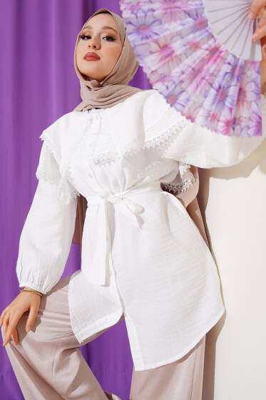 Bebe Yaka Kuşaklı Tunik Beyaz - Tunik