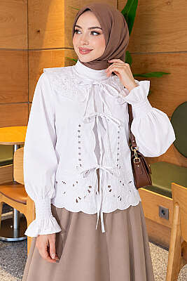 Bebe Yaka Nakışlı Bağlamalı Bluz Beyaz - 500-700 TL Ürünler
