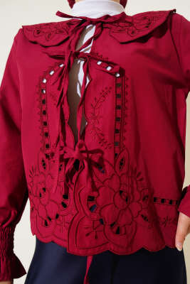 Bebe Yaka Nakışlı Bağlamalı Bluz Bordo - 500-700 TL Ürünler