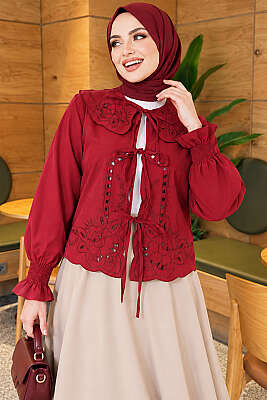 Bebe Yaka Nakışlı Bağlamalı Bluz Bordo - 500-700 TL Ürünler