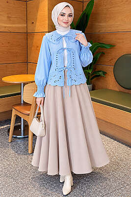 Bebe Yaka Nakışlı Bağlamalı Bluz Mavi - 500-700 TL Ürünler