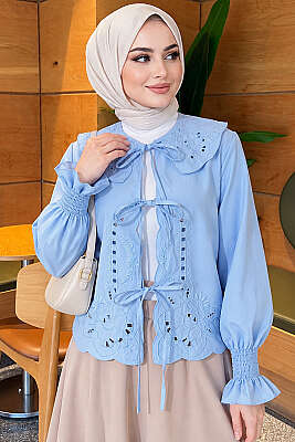 Bebe Yaka Nakışlı Bağlamalı Bluz Mavi - 500-700 TL Ürünler