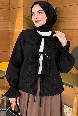 Bebe Yaka Nakışlı Bağlamalı Bluz Siyah - 500-700 TL Ürünler