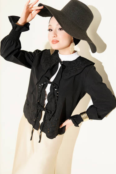 Bebe Yaka Nakışlı Bağlamalı Bluz Siyah - Bluz