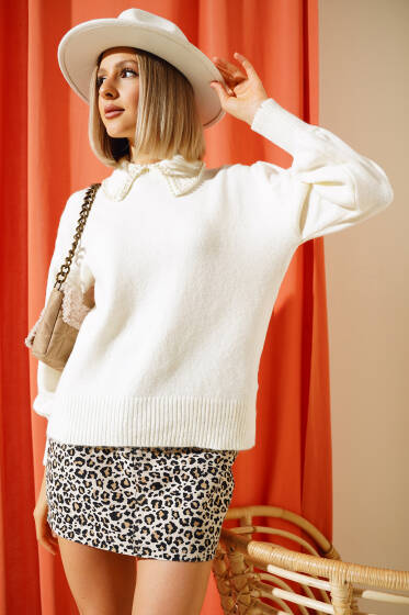 Bebe Yaka Taşlı Kısa Triko Kazak Bej - Yeni Giyim