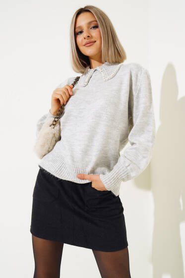 Bebe Yaka Taşlı Kısa Triko Kazak Gri - Yeni Giyim