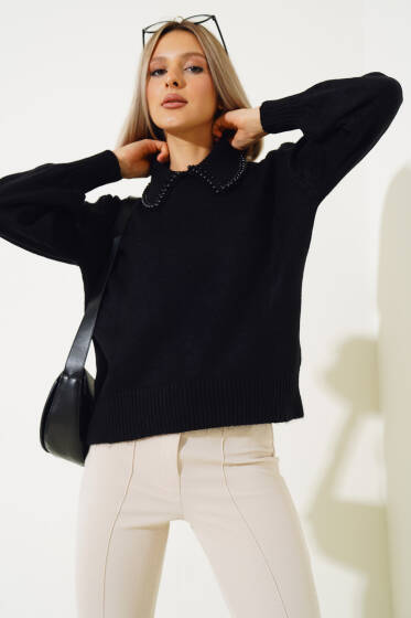 Bebe Yaka Taşlı Kısa Triko Kazak Siyah - Yeni Giyim