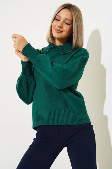 Bebe Yaka Taşlı Kısa Triko Kazak Zümrüt - Yeni Giyim