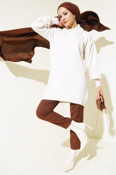 Bebe Yaka Taşlı Triko Tunik Bej - Tunik