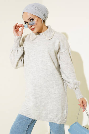 Bebe Yaka Taşlı Triko Tunik Gri - Tunik