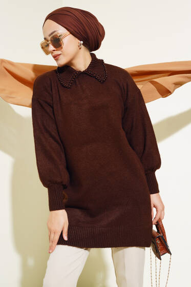 Bebe Yaka Taşlı Triko Tunik Kahve - Tunik