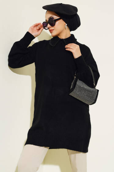 Bebe Yaka Taşlı Triko Tunik Siyah - Tunik