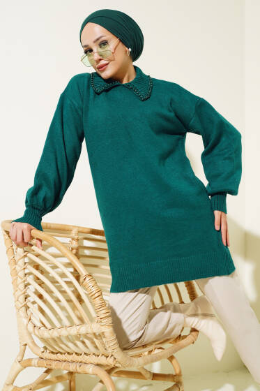 Bebe Yaka Taşlı Triko Tunik Zümrüt - Tunik