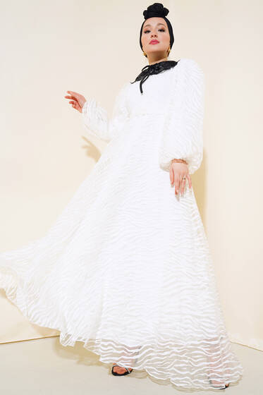 Bebe Yaka Tül Elbise Ekru - Tesettür Elbise